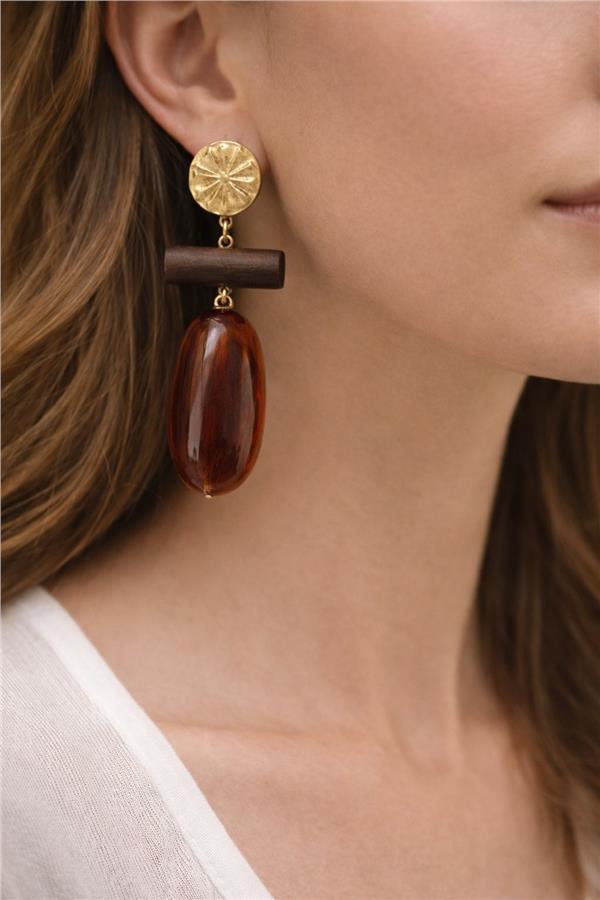 Maria Kahverengi Ahşap ve Boncuklu Küpe